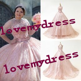 Rose Pink 2021 Quinceanera Dresses For Sweet 16 Girls High Neck Beading Cold Shoulder Crystal Bling Tulle Corset Back Ball Gowns Prom Long