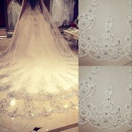2022 Real Image Cheap Bling Bling Crystal Cathedral Bridal Veils Luxury Long Lace Applique Beaded Custom White Ivory High Quality Wedding Veils 3.5 M