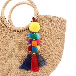 Naomy&ZP Bohemian Style Wood Beads Key Chain Pompom Key Ring Holder Bag Hanging Tassel Pendant Keychain Decoration Jewellery 20203203