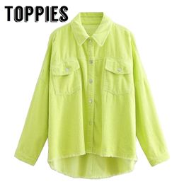 Spring Women Green Colour Corduroy Jacket Loose Single Breasted Coat Fashion Button Down Tassel Jacket 201109