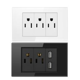 Electric Power Wall Socket Double Power Cable Plug / Triple 2/3 Pole Glass Panel Outlets Plate US Modular Mounted Dual USB Port Charger Adapter extension outlet with