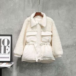 Winter loose drawstring waist cotton jacket female lamb hair stitching down cotton jacket quilted jacket 201110