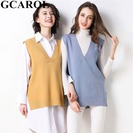 GCAROL Sprin Fall Winter Women 30% Wool V Neck Knit Vest Sides Split Asymmetric Knitted Pullover Sleeveless Sweater Waistcoat XL 201214