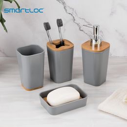 smartloc 6 pieces Plastic Bathroom Accessories Set Toothbrush Holder Toothpaste Dispenser Case Soap Box Toilet Shower Storage LJ201204