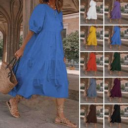 Partykleider Boho Kleidung Kleid Vintage Sommer Lose Cottagecore O-Ausschnitt Solide Sommerkleid Midi Baumwolle Kurzarm Patchwork 2022 Mode Frau