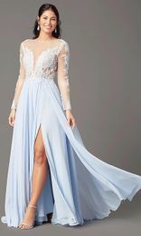 Long-Sleeve V-Neck Chiffon Illusion Prom Dress Elegant Long Applique Lace Evening Dresses For 2022