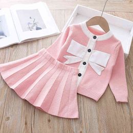 Gooporson Fashion Fall Toddler Girl Outfits Bow Tie Knit Sweater Cardigan&Pleated Skirt Korean Cute Little Girls Clothing Set G220310