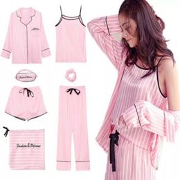 Pijama listrado rosa Silk Silk Femme Pijama Set 7 peças Stitch Lingerie Robe Pajamas Mulheres Sleepwear PJS 201027