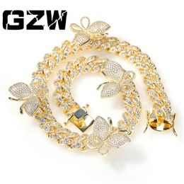 New Fashion Rose Gold 16 inch Bling Cubic Zirconia Butterfly Cuban Chain Choker Necklace Bijoux Hip Hop Rapper Jewellery Gifts for Men Women