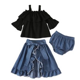 Girl's summer suit half sleeves shoulder strap top + one skirt+ shorts three-piece children's clothing lovely girl's dress