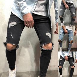 Jeans da uomo 2022 Autunno Moda Street Style Uomo Gamba stretta Pantaloni slim sfilacciati Streetwear Pantaloni a vita bassa Vita media Strappato Fori Denim Pant