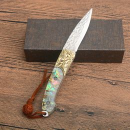 Top Quality 6.7" Damascus Pocket Folding Knife Damascus Steel Blade Abalone shell Handle EDC Pocket Gift Knives With Nylon Bag