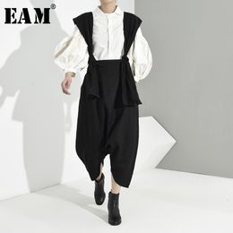 [EAM] High Waist Black Bandage Leisure Long Overalls Trousers New Loose Fit Pants Women Fashion Tide Spring Autumn JE8220 201228