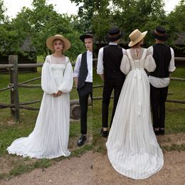 2021 New Wedding Dresses Long Sleeves Lace Appliques Modern Bridal Gowns Custom Made Lace-up Back Sweep Train A-Line Wedding Dress