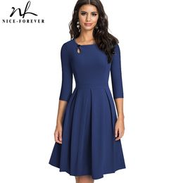 Nice-forever Autumn Vintage Solid Colour with Button Dresses Party A-Line Women Flared Swing Dress A223 Y0118