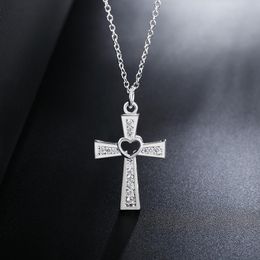 Silver For Women Heart Cross Crystal Cz Zircon Necklace Jewellery Fashion Cute Wedding Valentine's Day Gift