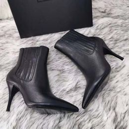 2021-New Womens High Heels Short boots Winter pointed Real Leather Pumps Paris Boots Size 34-41 With box