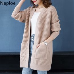 Neploe New Solid Knit Cardigan Long Sleeve Sweater Women Open Stitch Casual Pocket Loose Medium-long Cardigans Mujer 54687 201030