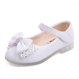 White Shoes For Girls Kids Wedding Dress Shoes Bow-knot Bowtie Sweet Crystal Children's Leather Flats Toddlers Girls 22-311