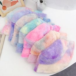 Tie Dye Plush Bucket Hat Women Fishman Cap Girl Winter Outdoor Warm Rainbows Wide Brim Cap Colorful Ear Protect Headgear K1150