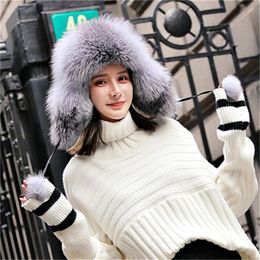 Unisex Real Fox Fur Hat Russian Ushanka Aviator Trapper Bomber Earmuffs Cap Gift