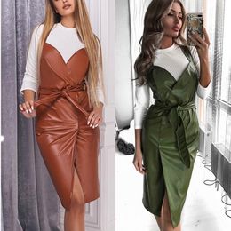 Fashion Pu Leather Sundress Women Summer Sexy Back Cross Spaghetti Strap Sleeveless Sashes Knee Length Green Dress Lady Vestidos Y0118