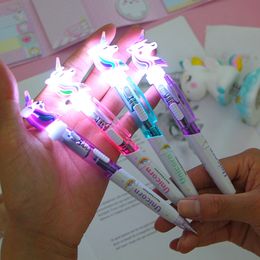 wholesale Cartoon Unicorn Light Pen LED Lights Silica Head Gel Pen Glowing Ballpoint Pen Student Stationery School Writing Gift Supplies blue ink Good quality