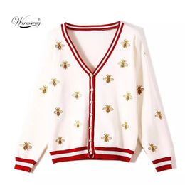 High Quality Fashion Designer Bee Embroidery Cardigan Long Sleeve Single Breasted Contrast Colour Button Knitted Sweaters C-196 201119