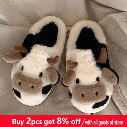 Milk Cow Fluffy Fur Slipper Winter Warm Closed Plush Home Bunny Kawaii Flat Cute Animal Dog Slides Shoes 211228