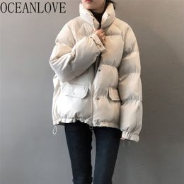 OCEANLOVE Women Parkas Stand Collar Korean Solid Thick Warm Winter Coat Fashion Vintage Loose Jackets Manteau Femme 18805 201202