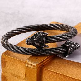 Punk Stainless Steel Matte Viking Wolf Dragon Charm Bangle Man Hip Hop Cable Wire Gold Animal Cuff Bracelet Men Jewellery