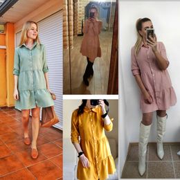 5 Colours Autumn Winter Women Blouse Dress Plus Size Draped Pleated Shirt Design Female Ruffles Casual Dresses Pink Yellow 201008