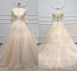 Champagne Vestidos De Novia Wedding Dresses Lace With Half Sleeves Sheer Bateau V Open Back Applique Beaded Bridal Dress Women Plus Size