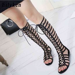 Sandals Eilyke High Quality Leather Women Strappy Open toe Knee Summer Gladiator Flat Roman Bandage Casual Boots 220121