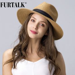 FURTALK Summer Hat for Women Men Panama Straw Hats Travel Beach Sun Hat Wide Brim Fedora Jazz Hat Y200602