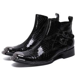 Luxury Metal Toe Buckle Straps Alligator Pattern Man Shoes Patent Leather Men's Monk Straps Motorcycle Ankle Boots