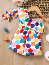 Baby Polka Dot Print Guipure Lace Trim Asymmetrical Neck Romper & Headband SHE