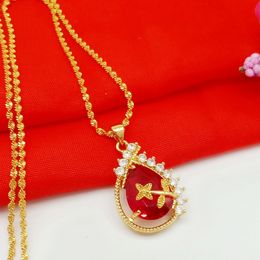 Red Cubic Zircon Teardrop Pendant Chain 18k Yellow Gold Filled Beautiful Womens Jewelry Pendant Necklace Gift