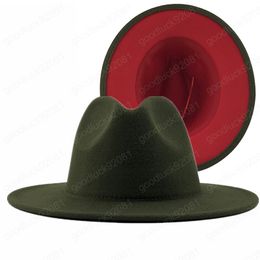 Unisex Outer Army Green Inner Red Wool Felt Jazz Fedora Hats with Thin Belt Buckle Men Women Wide Brim Panama Trilby Cap