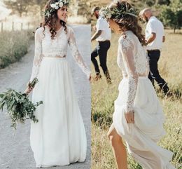 2021 Boho Wedding Dresses Long Sleeves A Line Lace Applique Two Peice Floor Length Custom Made Country Beach Wedding Gown Vestido de novia