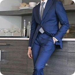 Royal Blue Peaked Lapel Men suits Blazer Slim Fit Formal Wedding Suits Custom Made Groom Wear Prom Tailored Tuxedos Best Man Jacket+Pants