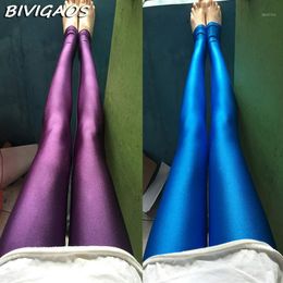 Women's Leggings Wholesale- 2021 Womens Shiny Pants Thin Ice Silk Outer Wear Elastic Punk Fluorescent Colours Gloss Legging Women1