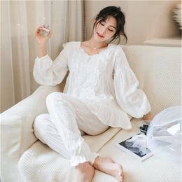 Women Lolita Pajama Set.Sweet Embroidered Long Sleeve Tops+Long Pants.Vintage Cotton Pyjamas Set.Victorian Sleepwear Loungewear T200707