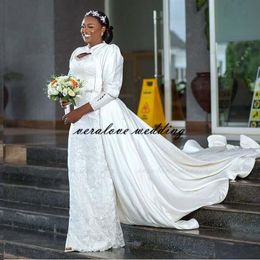 robes de mariée Plus Size Mermaid Wedding Dress 2021 Detachable Train Lace Appliqued Long Sleeve Bridal Gowns
