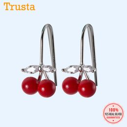 Authentic 100% 925 Sterling Silver Fashion Sweet Red Cherry Dangle Earring For Woemn Wedding Party Jewellery Gift