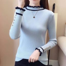 Ruffled Turtleneck Knitted Striped Sweater Women Autumn Winter Pullover Casual Long-sleeved Buttons Korean Slim Female 201223