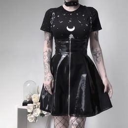 Gothic Punk Dark Solid Leather Vintage Black Skirts Zipper Pleated Slim Thin Leather Skirt Women High Waist Short Mini Skirts Y200704
