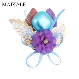 Pins, Brooches MAIKALE Colourful Art Fabric Flower Brooch Pins Pearl Beads Flowers For Women Corsage Girls Kids Bag Pendant Accessories