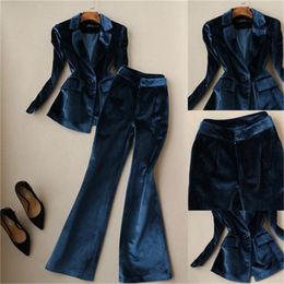 Fashion female fall / winter New high quality Casual Gold velvet female+wide leg Pants two-piece OL suit women 201030