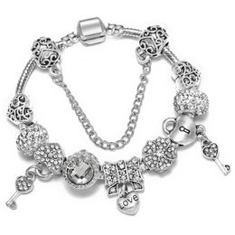 Fashion 925 Sterling Silver Love Bowknot Heart Locker Key Murano Lampwork Glass European Beads Crystal Dangle Fits Bracelets Necklace B8